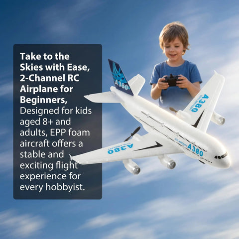 Child playing with Ready To Fly 2.4GHz RC Airplane Toy With Gyro A380 Style Foam Jet 2 Channel Beginner Friendly Plane