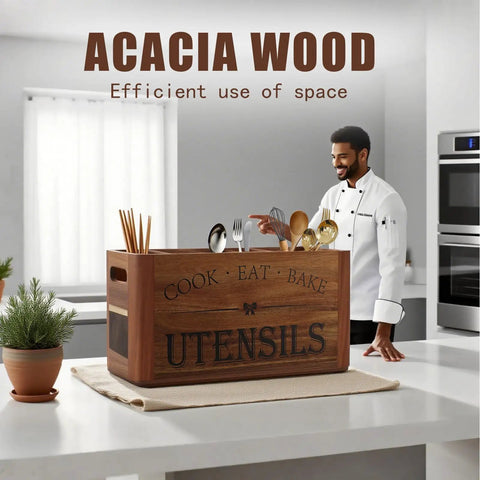 Extra Large Utensil Holder for Kitchen Countertop with Four Removable Compartments in Acacia Wood on kitchen island.