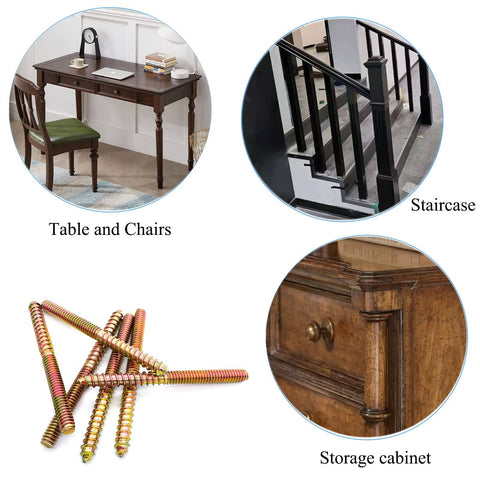 12 Pack 1/4 20 X 3 Inch Hanger Bolts For Furniture, Double Ended Wood Dowel Screws, shown with table, staircase, cabinet