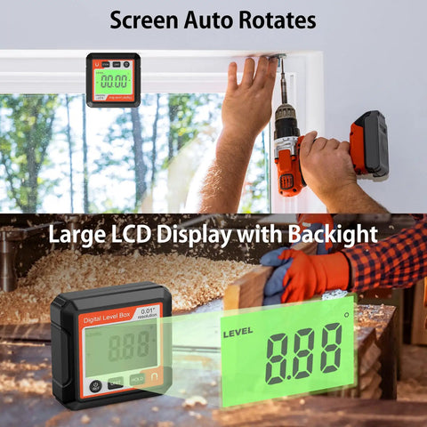 Badass Magnetic Digital Angle Gauge With Crisp Backlit Screen For Tough JobSites No Sweat Precision Inclinometer shown in use with LCD display.