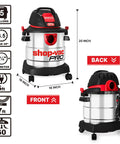 No Sweat 5 Gallon Stainless Steel Wet Dry Vacuum Featuring 4.5 Peak Horsepower Motor, detailed front and back views, 20-inch height.