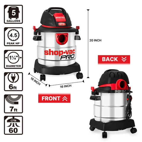 No Sweat 5 Gallon Stainless Steel Wet Dry Vacuum Featuring 4.5 Peak Horsepower Motor, detailed front and back views, 20-inch height.