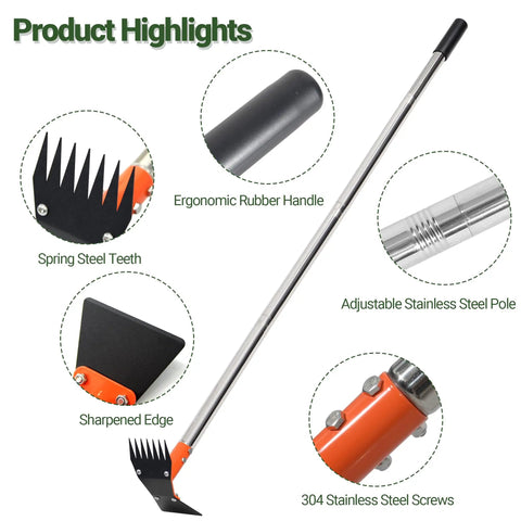 2 In 1 Garden Hoe And Weed Puller Rake With 60 Inch Adjustable Long Handle Heavy Duty Spring Steel Head showcasing features