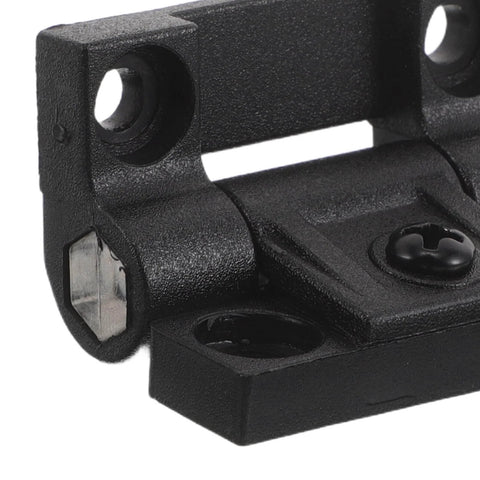 Close-up of 90 Degree Torque Positioning Hinges For Cabinets And Boxes With Friction Control, black plastic construction.