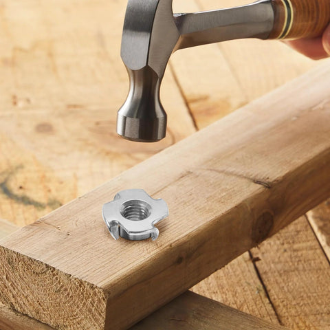 1/4-20 T-nuts, 304 stainless steel, four-pronged for wood, 25-pack, close-up view