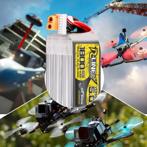 R Line Version 5.0 6S LiPo Battery 22.2V 150C 1800mAh With XT60 Plug For RC Cars Drones Boats And Airplanes shown with drones