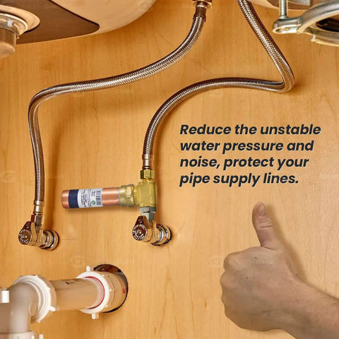 Copper 1/4 Inch Compression Tee Hammer Arrestor installed under sink with pipes, prevents water hammer noise, easy install.