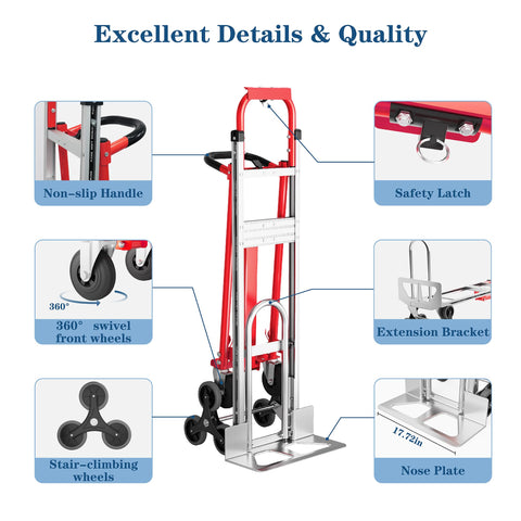 Heavy Duty Convertible Hand Truck For 1000 Lb Load with non-slip handle, safety latch, and swivel casters for warehouse
