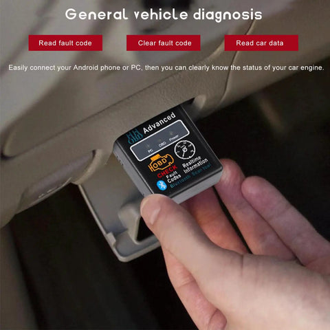 Bluetooth OBD2 Scanner For Cars With Real Time Diagnostics Read And Clear Engine Fault Codes tool in car dashboard.