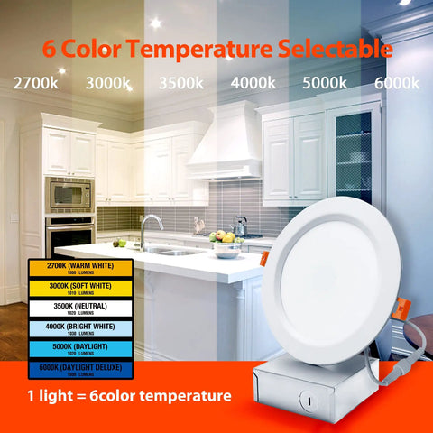 6-Inch LED downlight display showing 6 CCT switchable options, kitchen installation, 12 Pack 6 Inch LED Recessed Downlights With J Box Dimmable