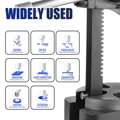 Rock Solid 3 Ton Manual Arbor Press With Smooth Turn Hand Wheel For Desktop Punching Stamping And Metal Bending features various uses like cutting and punching.