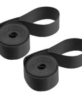 26 Inch Bike Wheel Rim Tape Liner Inner Tube Protection Band PVC Black Pair That Prevents Flats And Shields Rims From Glass Thorns Nails And Punctures On Road Mountain Cruiser Bikes, showing two rolled black PVC tapes on white background