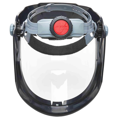 MAXVIEW Premium Face Shield with 370 Speed Dial Ratcheting Headgear, ANSI Z87.1 Rated, uncoated clear tint, front view