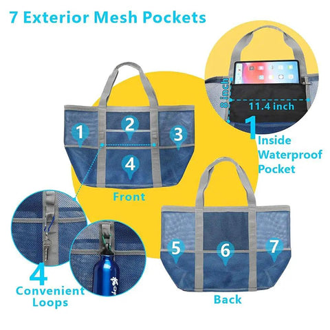 Big Mesh Beach Bag For Fam Trips Fits Four To Six Towels Water Bottles Sunscreen And Gear Nine Pockets For Anti Chaos Organization