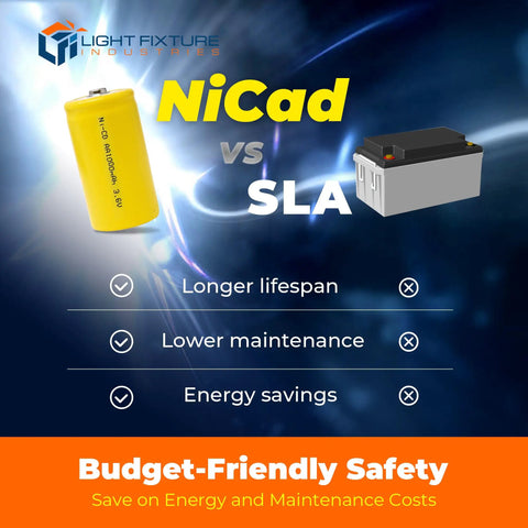 Comparison of NiCad vs SLA batteries with features like longer lifespan, lower maintenance, energy savings for safety.