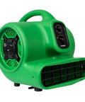 Badass Medium Air Mover And Pro Carpet Dryer Featuring Built In Timer With Outlet Sockets For Rapid Flood Cleanup And Crawl Space Moisture Removal Real Deal Utility Floor Blower in green color with control settings.