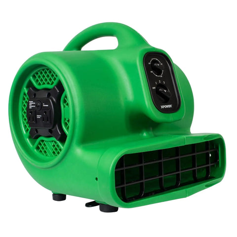Badass Medium Air Mover And Pro Carpet Dryer Featuring Built In Timer With Outlet Sockets For Rapid Flood Cleanup And Crawl Space Moisture Removal Real Deal Utility Floor Blower in green color with control settings.