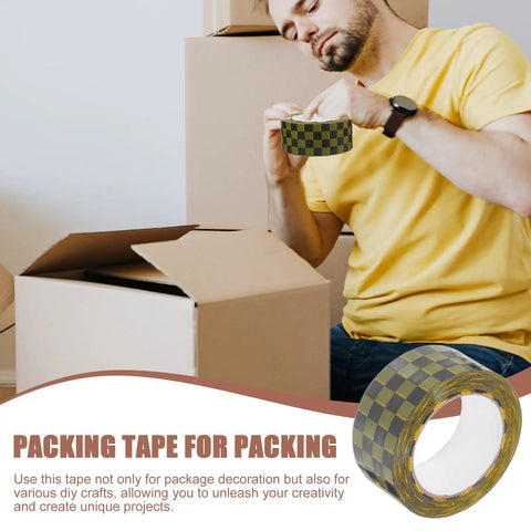 Man using Plaid Pattern Shipping Tape 2 Rolls Adhesive Sealing Packing Tape with Black Yellow Grid Design for small business projects.