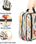 Cartoon Aircraft Clouds Toiletry Bag With Hanging Hook Large Capacity Travel Makeup And Shaving Kit Organizer being held by a hand.