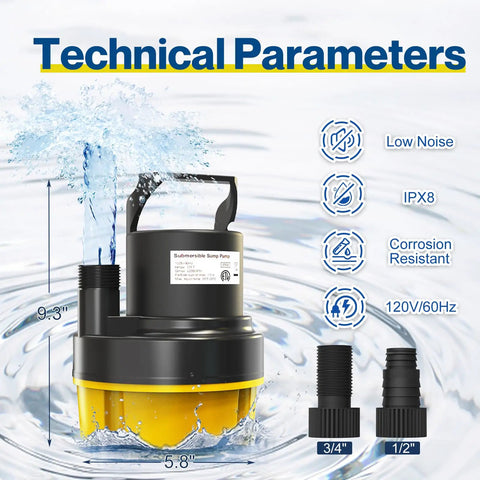 Reliable Submersible Sump Pump Equipped With A Beefy One Horsepower Motor And 3500GPH Flow Rating for pool covers and basement drains with dimensions.