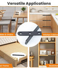 Versatile uses of Beefy 10 Inch Stainless Steel Flat Bar Brackets Set on chairs, kitchen cabinet, bed frame, and bookshelf.