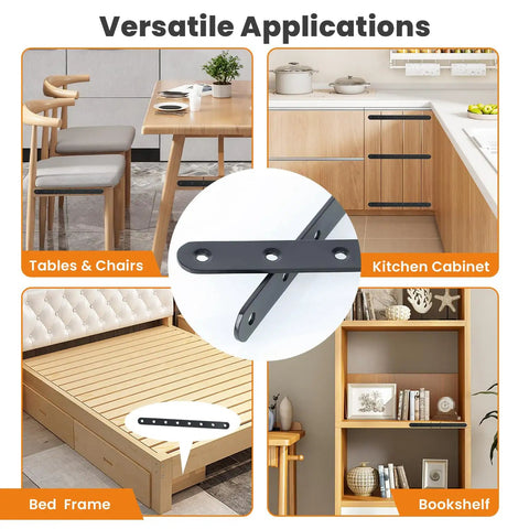 Versatile uses of Beefy 10 Inch Stainless Steel Flat Bar Brackets Set on chairs, kitchen cabinet, bed frame, and bookshelf.