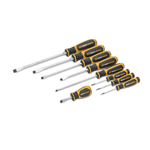 9 Piece Slotted Dual Material Screwdriver Set In Foam Storage Tray With Non-Slip Black Oxide Tips, Ergonomic Tri-Lobed Handles