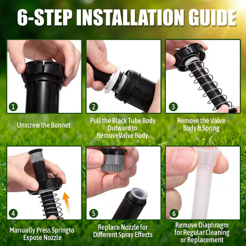 6-step installation guide for 8 Pack Pop Up Sprinkler Heads Featuring Spare Nozzles For Comprehensive Lawn And Garden Irrigation.