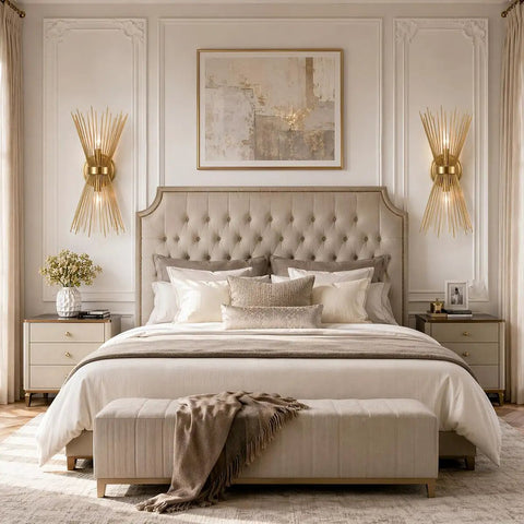 Bedroom with Brass Vanity Light Mid Century Starburst Wall Sconce With Two Light Modern Wall Mounted Bath Fixture For Bathroom Bedroom Hallway Dope Decorative Metal Rods Shade With Round Backplate on either side of bed.