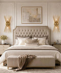 2 Light Starburst Wall Sconce In Black Finish For Bedroom Hallway Bathroom Mid Century Modern Vibe Lighting With Unique Metal Rod Design Indoor Wall Light Fixture mounted beside a bed