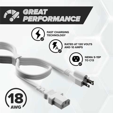 10 Foot 3 Prong Computer Power Cord C13 To NEMA 5-15P IEC 320 White For PC Monitor Server And Medical Equipment 18 AWG 125V 10A