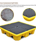 Stackable Industrial Drum Spill Pallet With Drain, modular platform in yellow steel for garage and shop, shown from above