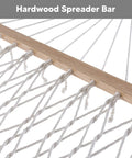 Portable Double Rope Hammock With Pad For Two People Garden Backyard Patio Poolside Gray Green With Quilted Reversible Pad Two Layer Polyester Comfort Poly Fiber Filling Head Pillow And Strengthened Ties For Easy Outdoor Chill Sessions showing hardwood spreader bar and woven ropes