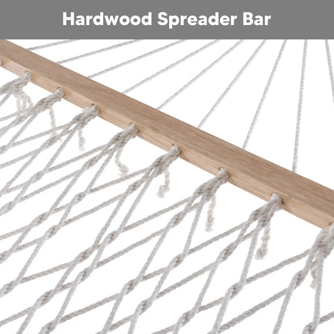 Portable Double Rope Hammock With Pad For Two People Garden Backyard Patio Poolside Gray Green With Quilted Reversible Pad Two Layer Polyester Comfort Poly Fiber Filling Head Pillow And Strengthened Ties For Easy Outdoor Chill Sessions showing hardwood spreader bar and woven ropes