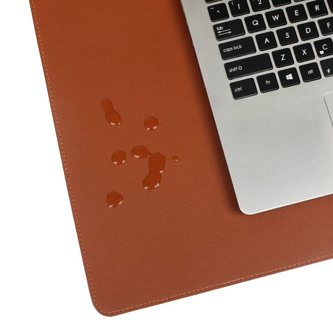Large Pu Leather Desk Pad Blotter 36x17 Inch Waterproof Non Slip Writing Desktop Protector Mat with water droplets and laptop corner