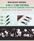 Product image showing 270 Piece 3 In 1 Cam Lock Nuts And Wood Dowel Pins Set For Cabinets Drawers Wardrobes And Furniture Panels Includes Connectors Nuts Bolts Screws And Fasteners In Silver.