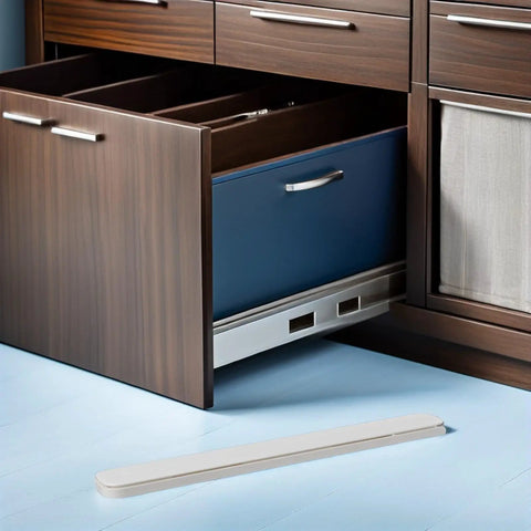 Open cabinet with Bottom Mount Drawer Slides Set White Plastic 8 Pack With Ball Bearing Construction Wear Resistant and Moistureproof DIY.
