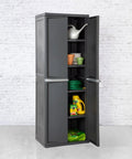 4 Shelf Heavy Duty Plastic Storage Cabinet With Easy Assembly For Garage Basement Attic And Mudroom Gray Storage Unit For Bins And Tools Built Like A Tank No Fuss Setup And Maximum Organization. Front view with open doors showing shelves with gardening supplies and cleaning products, against a white brick wall.