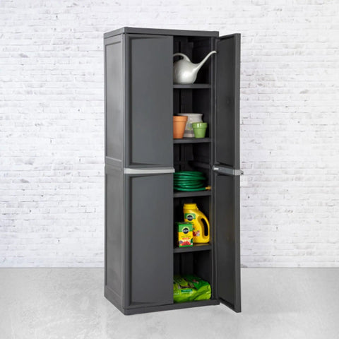 4 Shelf Heavy Duty Plastic Storage Cabinet With Easy Assembly For Garage Basement Attic And Mudroom Gray Storage Unit For Bins And Tools Built Like A Tank No Fuss Setup And Maximum Organization. Front view with open doors showing shelves with gardening supplies and cleaning products, against a white brick wall.