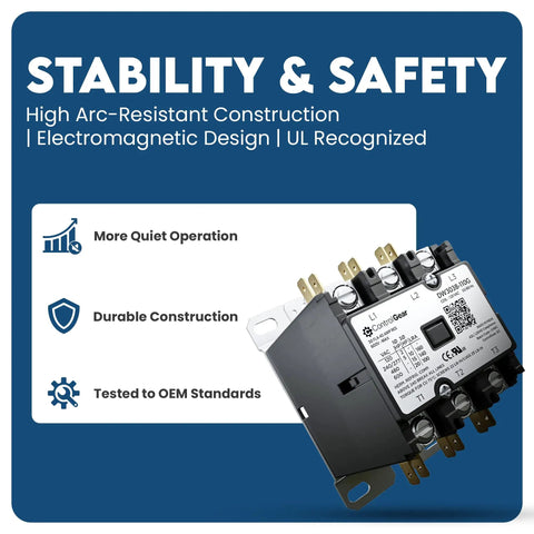 Three Pole 120V Coil Definite Purpose Contactor For HVAC With 30 Amp Rating UL Recognized For A2L Refrigerants, product on blue background