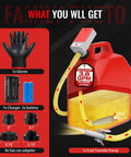 Fuel transfer pump with auto-stop, 3.8 GPM, 51-in hose; red tank includes 1x gloves, 1x charger, 4 adapters