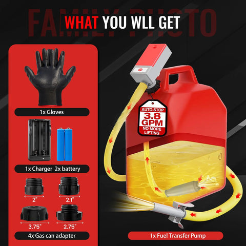 Fuel transfer pump with auto-stop, 3.8 GPM, 51-in hose; red tank includes 1x gloves, 1x charger, 4 adapters