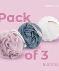 Set of 3 Soft Mesh Bath Shower Loofah Sponges Pouf Body Scrubbers For Gentle Exfoliation And Deep Cleanse With Spa Quality Feel Airy Blossom Color Premium in pink, blue, and white