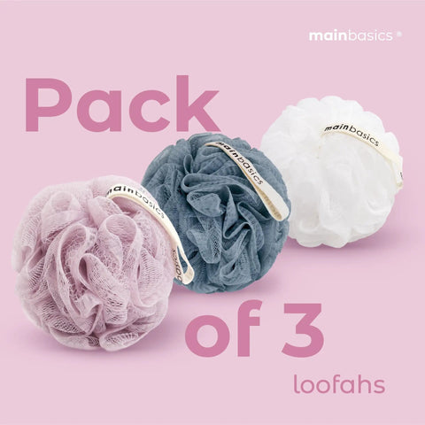 Set of 3 Soft Mesh Bath Shower Loofah Sponges Pouf Body Scrubbers For Gentle Exfoliation And Deep Cleanse With Spa Quality Feel Airy Blossom Color Premium in pink, blue, and white