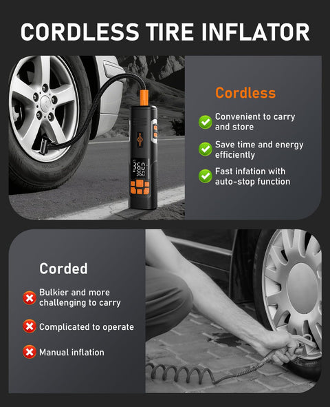 Comparison of cordless tire inflator with 150 PSI auto shutoff and corded inflator, highlighting benefits and usability.