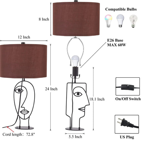 Industrial Farmhouse Table Lamps Set Of 2 Black Finish With Brown Fabric Shades product dimensions and features