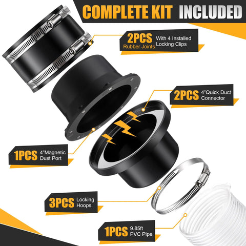 4 Inch Magnetic Dust Collection Starter Kit For Woodworking includes PVC pipe, duct connectors, rubber joints, and locking clips.