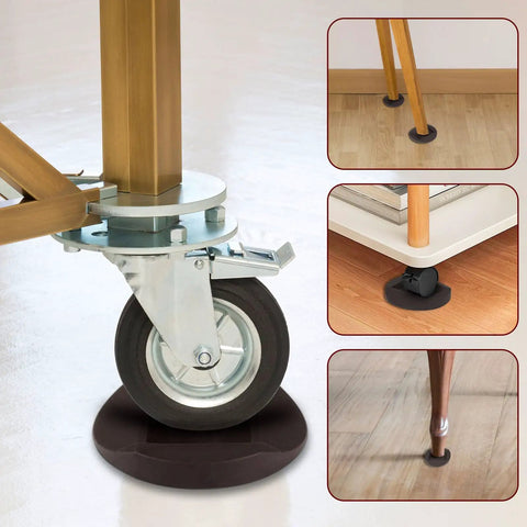 Solid Silicone Caster Cups No Slip Furniture Wheel Stoppers For All Floors And Wheels On Sofas Chairs And Beds Prevent Scratches Set Of 8, showing close-up and installed views on various floor types.
