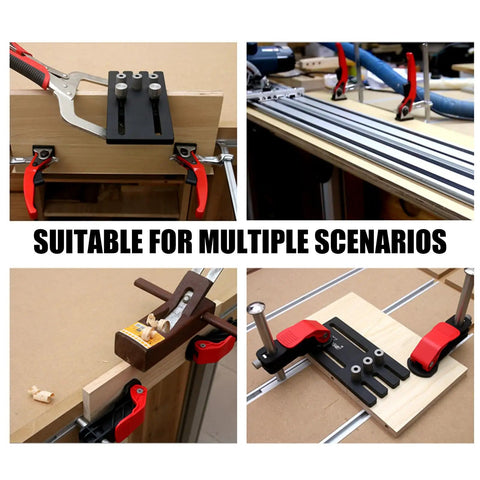 Pro Grade Aluminum T Slot Miter Jig for Woodworking and Router Trimming, versatile setup with red miter track and clamps