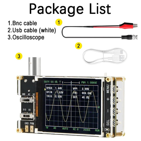 Pocket Sized Handheld Oscilloscope Kit With 2.4 Inch Color Screen And 1MSaS Real Time Sampling, 200KHz Bandwidth, package contents